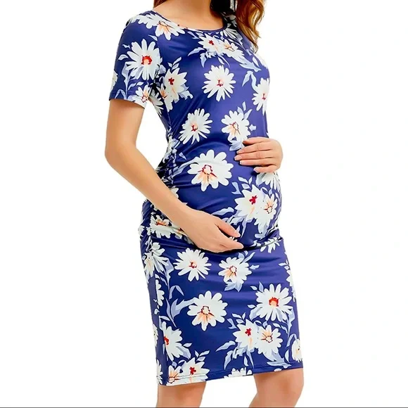 Dresses | Blue Floral Knee Length Maternity Dress | Poshmark